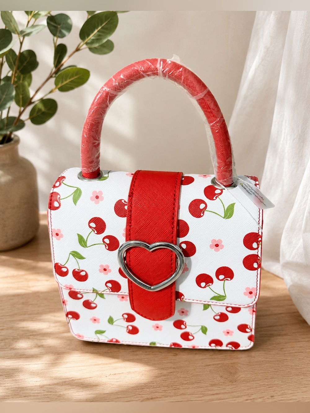 White & Red Cherry Print Mini Top-Handle Cross-Body Bag Vegan Leather Heart Acct